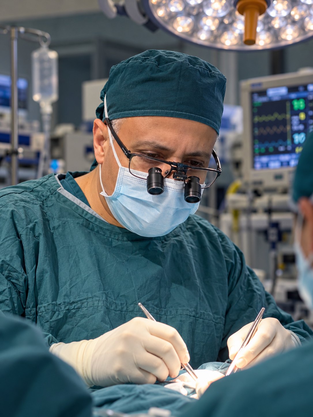 د. أحمد حرفوش أثناء إجراء جراحة دقيقة في غرفة العمليات